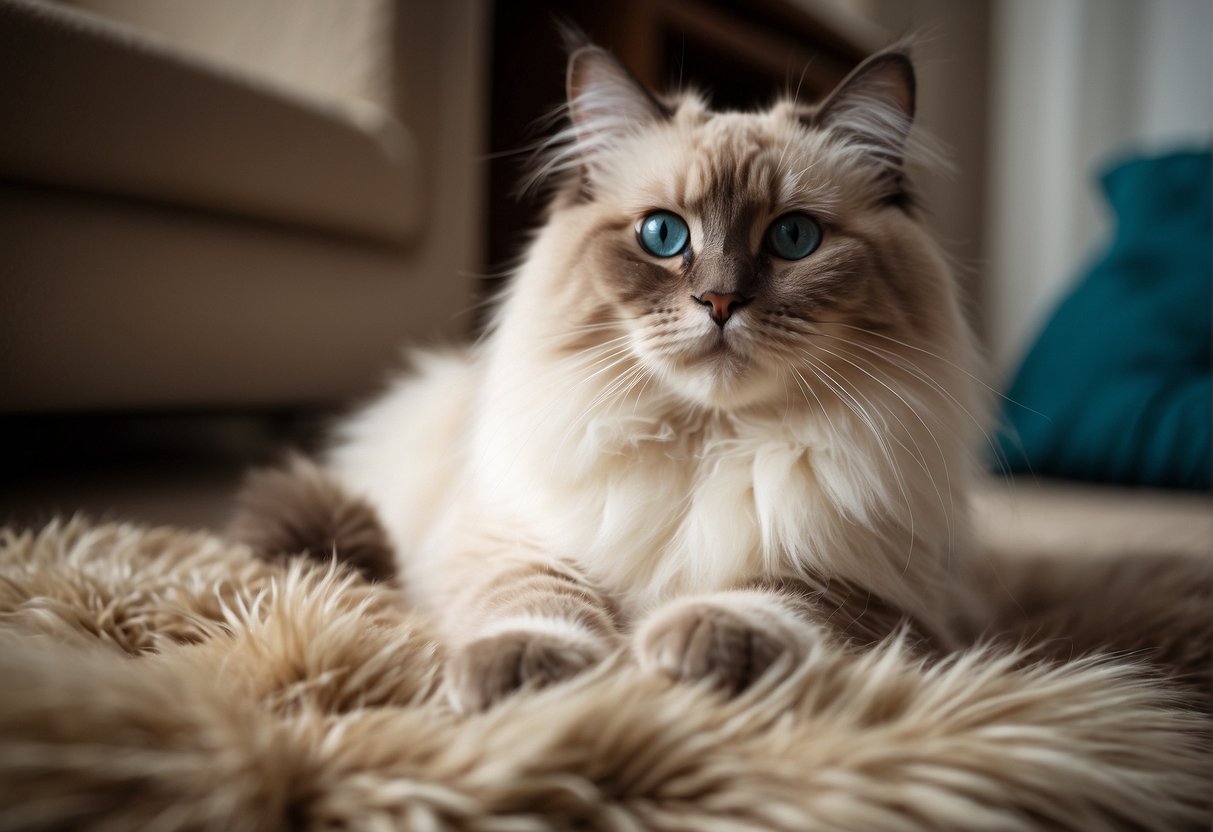 A ragdoll cat sits on a plush carpet, shedding its long fur. Piles of fur gather around the cat, showing the extent of its shedding