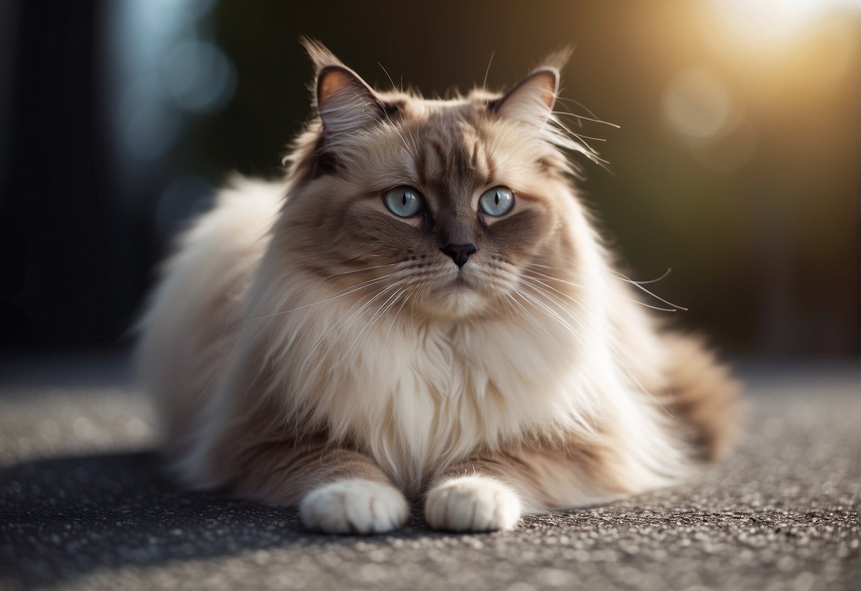 A fluffy ragdoll cat sits on a soft surface, shedding its long fur. Fur clumps are scattered around the cat, and a brush lies nearby