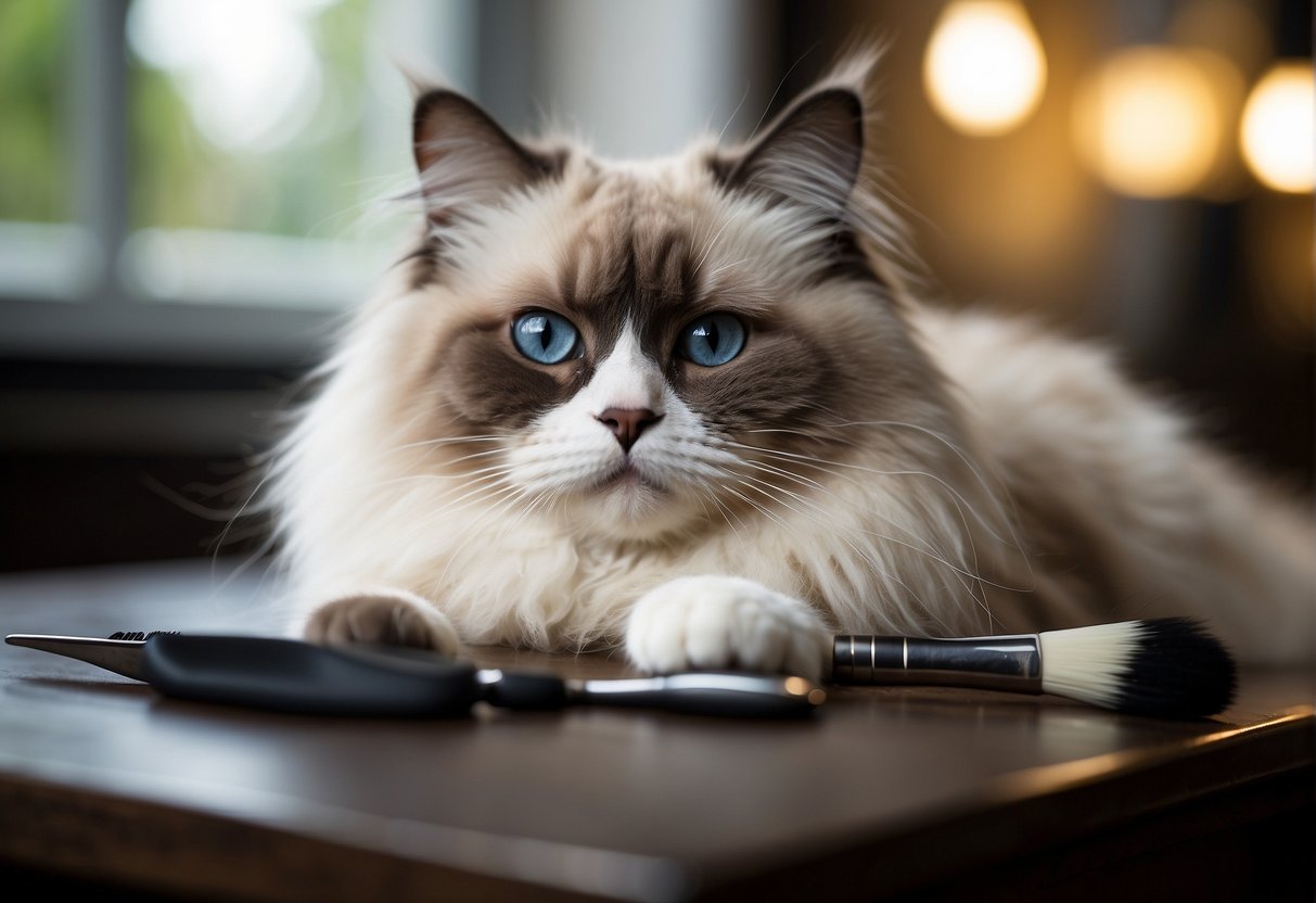 A fluffy Ragdoll cat sits on a grooming table, surrounded by loose fur. A brush and fur remover tool are nearby