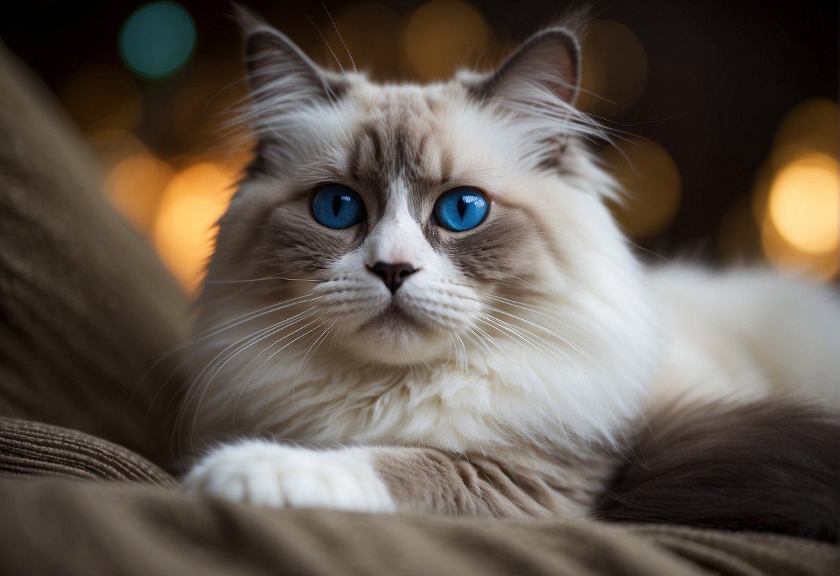 A ragdoll cat with a fluffy, semi-long fur and striking blue eyes, weighing between 10-20 pounds, lounging in a relaxed and floppy manner