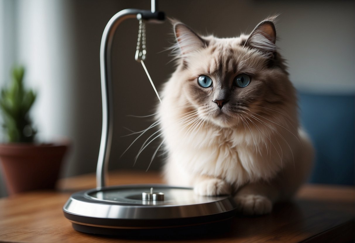 A ragdoll cat weighing itself on a scale