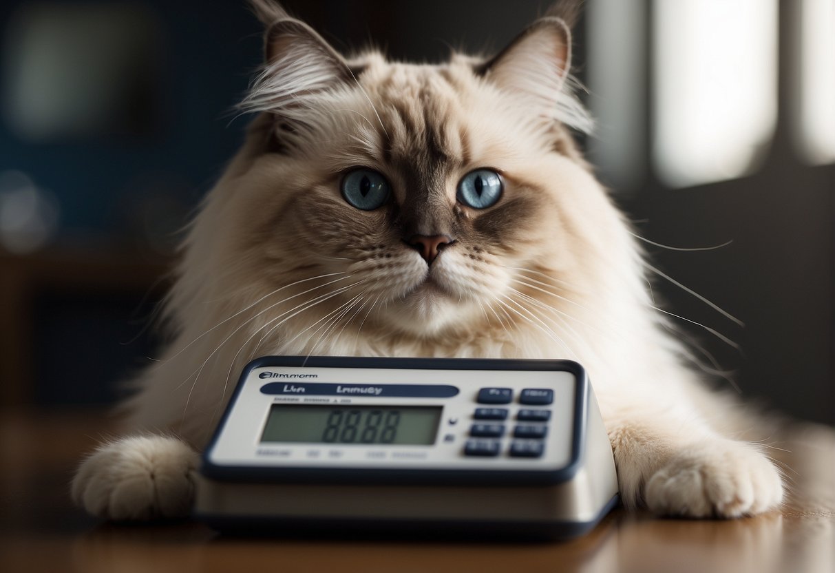 A fluffy ragdoll cat sits on a scale, its weight displayed in bold numbers. A curious onlooker, holding a piece of paper with the question "how much does a ragdoll cat weigh," watches intently