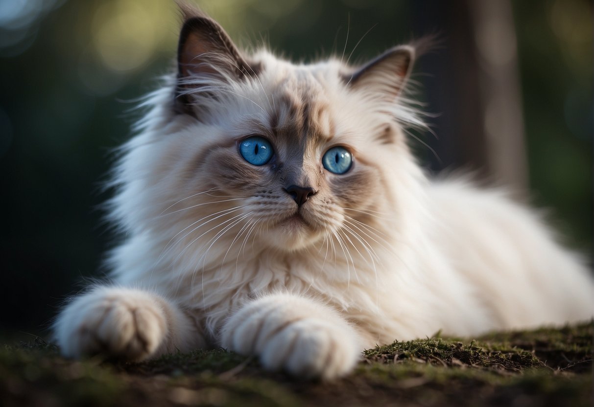 A playful ragdoll kitten grows into a majestic adult, with long fur and striking blue eyes, reaching full size at around 3-4 years old