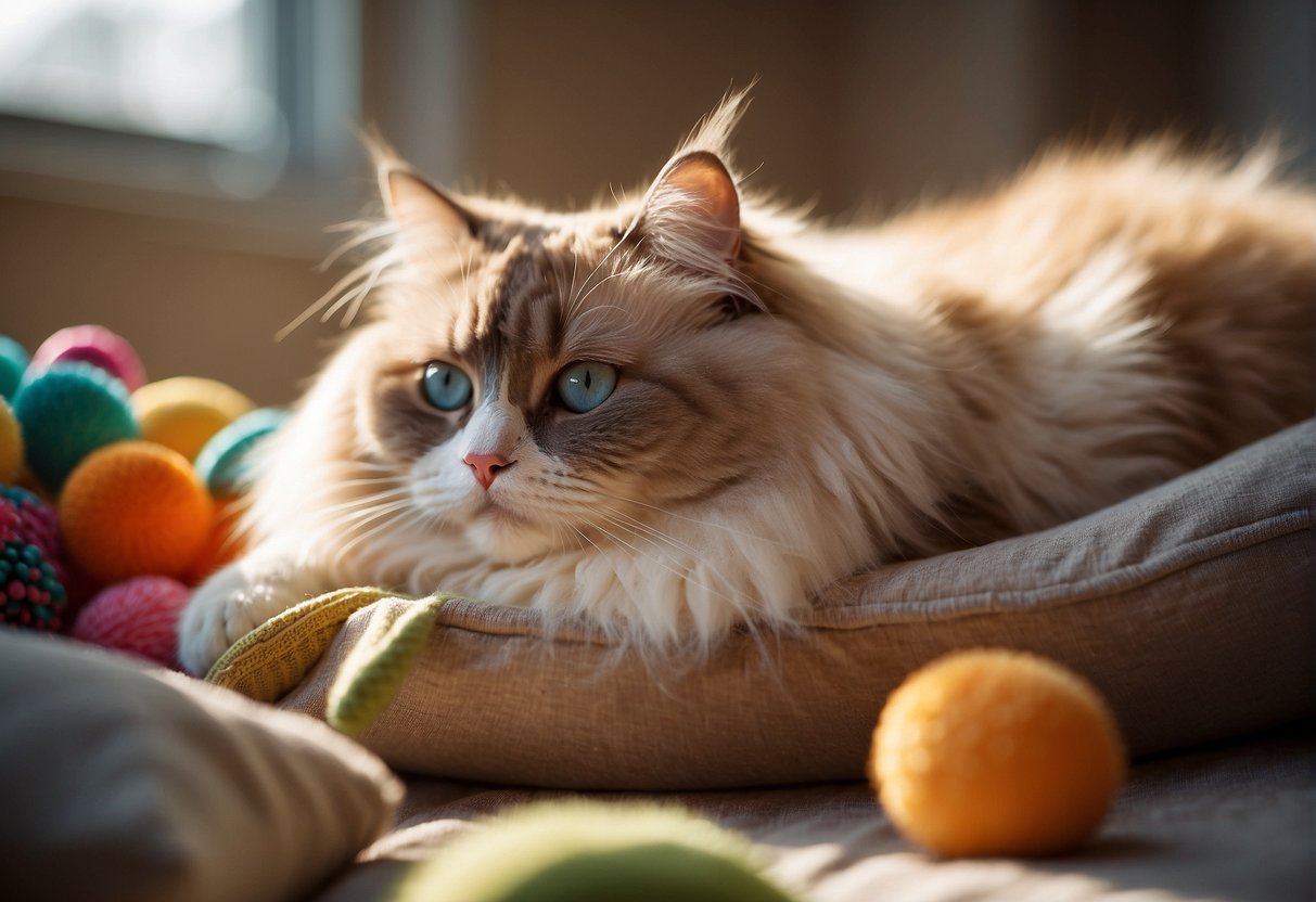 A fluffy ragdoll cat lounges on a soft cushion, surrounded by toys and a bowl of food. Sunlight streams through the window, casting a warm glow over the peaceful scene