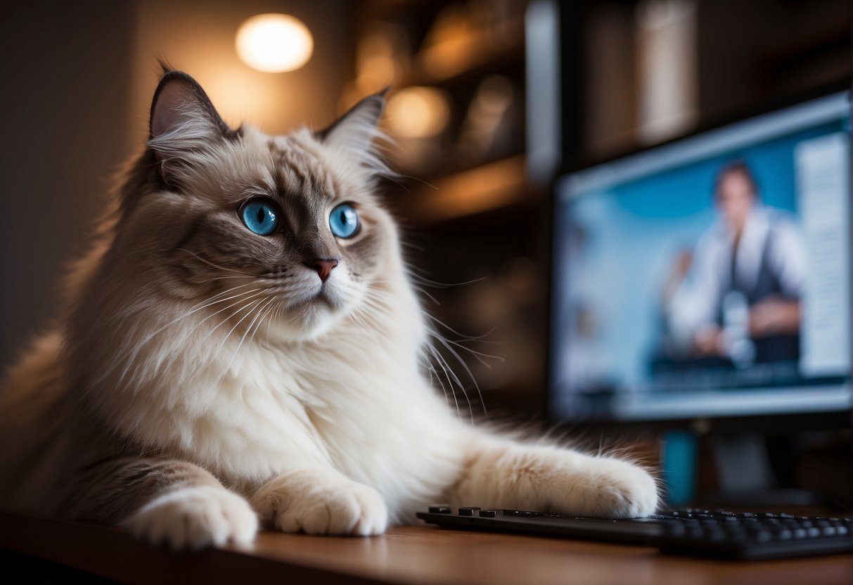 A playful ragdoll cat, still young, sits in front of a computer screen with a list of "Frequently Asked Questions" about their growth