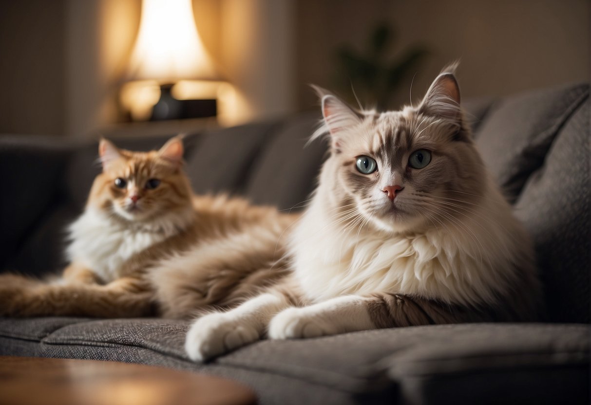A ragdoll cat and a dog peacefully lounging together in a cozy living room, showing their friendly and harmonious relationship