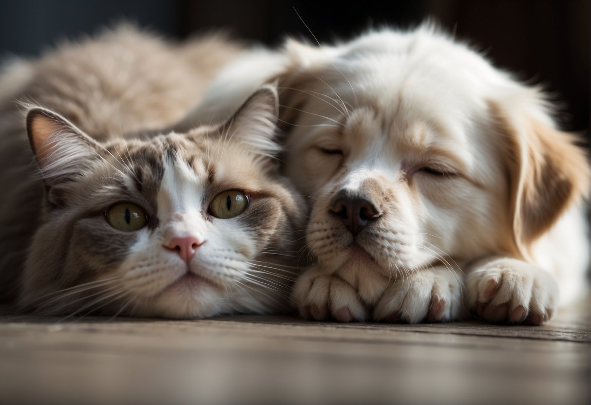 A ragdoll cat and a dog lie peacefully next to each other, their bodies relaxed and intertwined, showing a harmonious and affectionate relationship