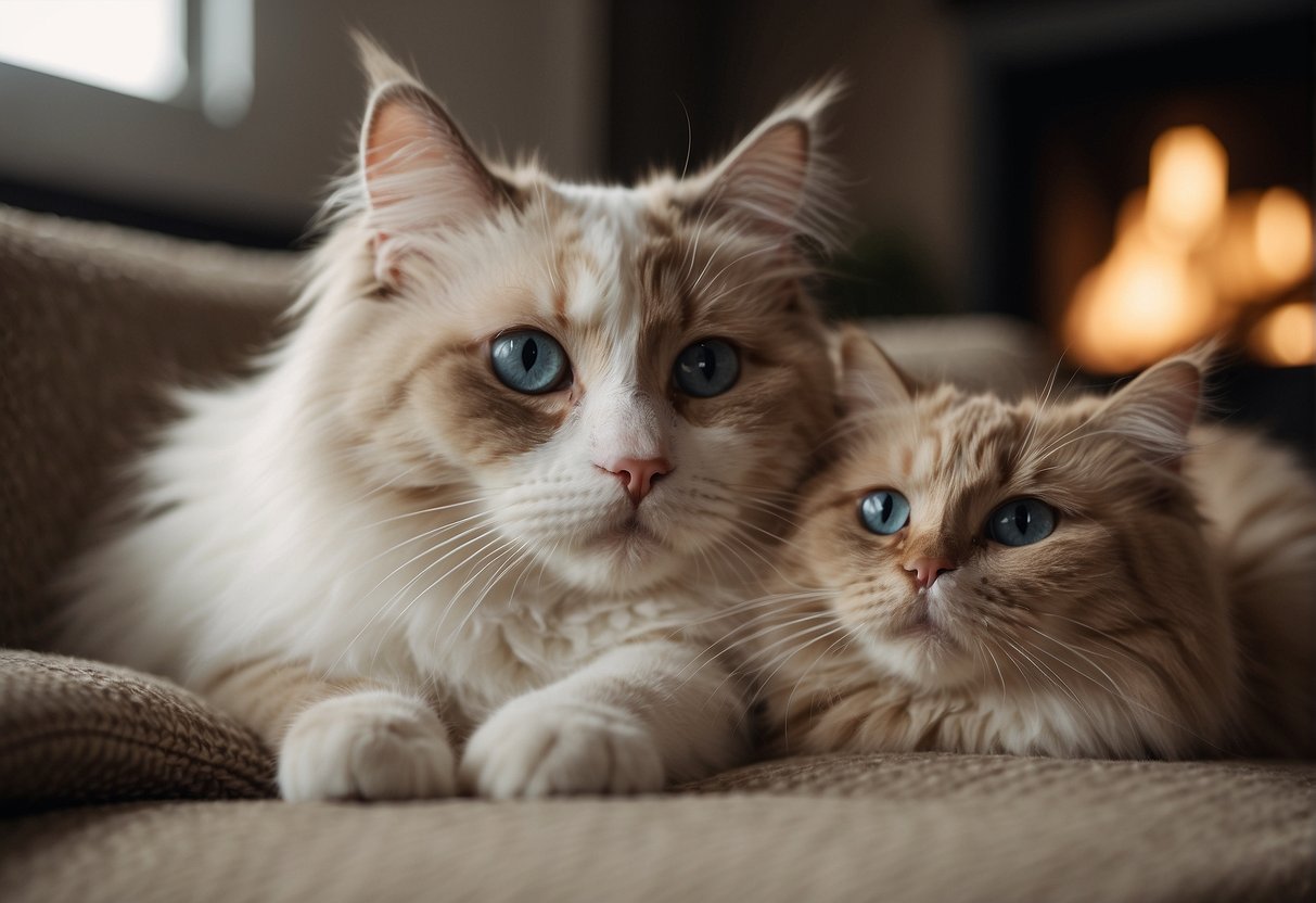 A ragdoll cat peacefully coexists with a friendly dog, lounging together in a cozy living room setting