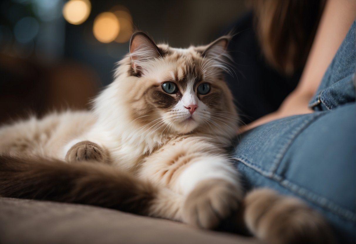 A ragdoll cat lounges on a person's lap, their body relaxed and draped over the legs, with a content expression on their face