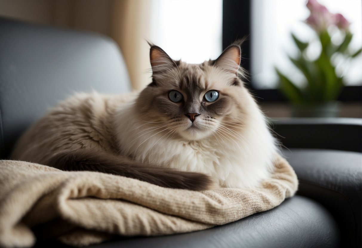 A Ragdoll cat lounges on a cozy lap, with relaxed posture and affectionate gaze