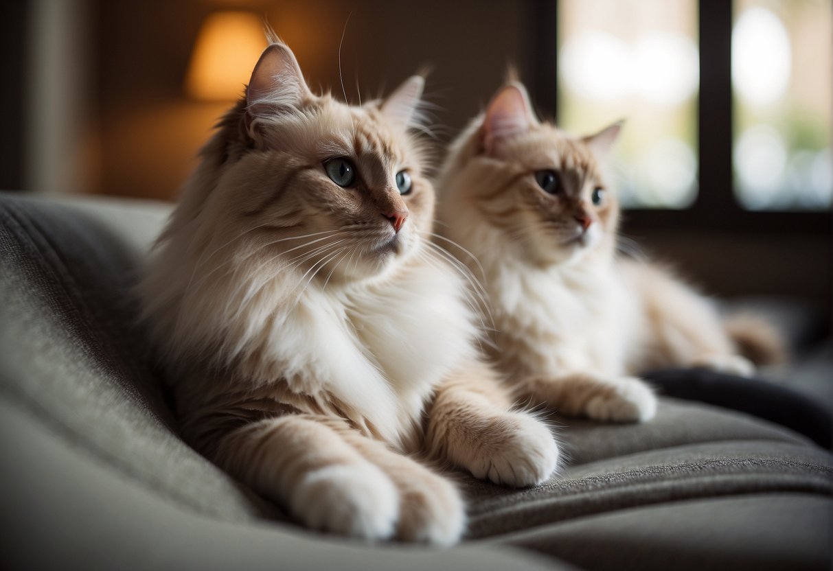 Two ragdoll cats lounging on a cozy lap, purring contently