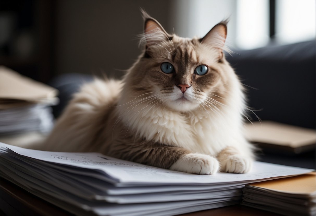 A ragdoll cat lounges on a person's lap, surrounded by a stack of FAQ papers