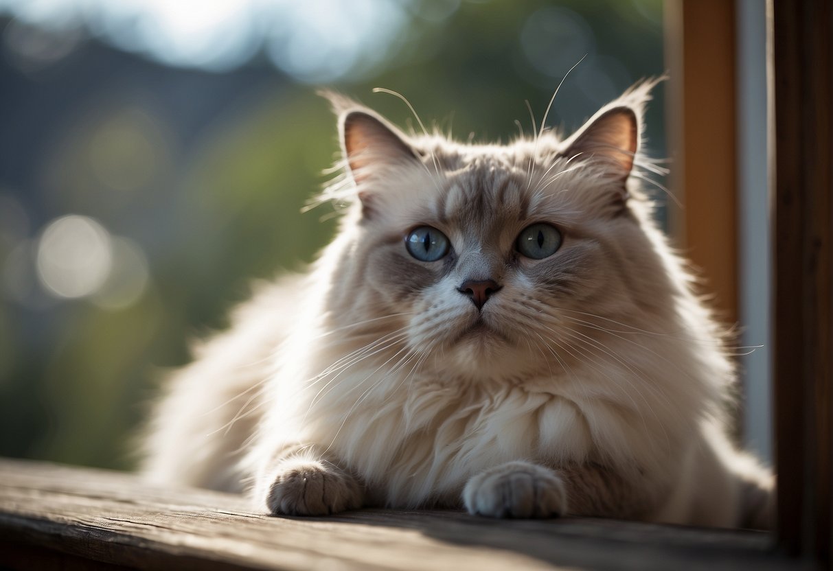 A ragdoll cat lounges on a cozy window perch, gazing out at the world with serene eyes