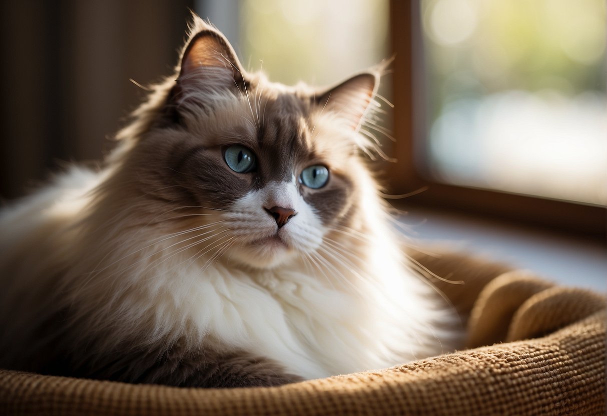A Ragdoll cat relaxes in a cozy, sunlit room with a plush bed, scratching post, and toys. It gazes out the window, content and calm