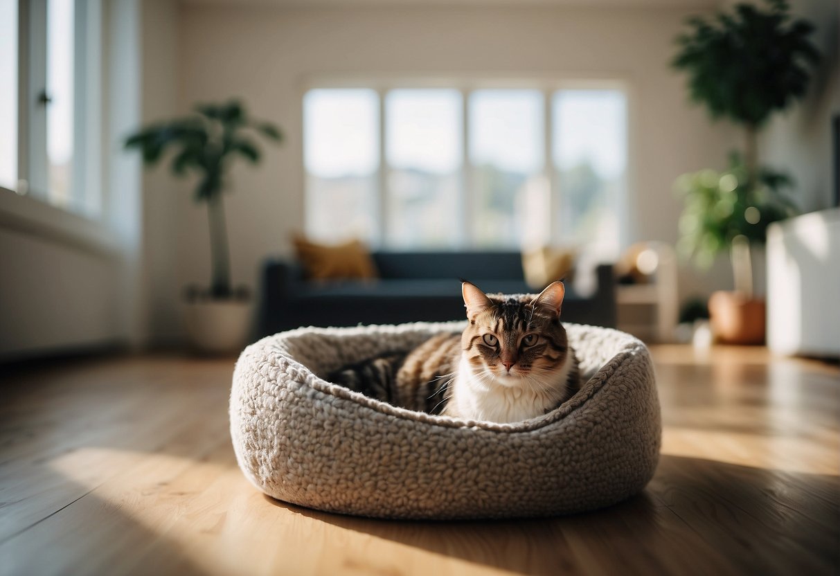 A serene living room with a cozy cat bed, toys, and a window perch. A peaceful atmosphere with soft lighting and minimal noise
