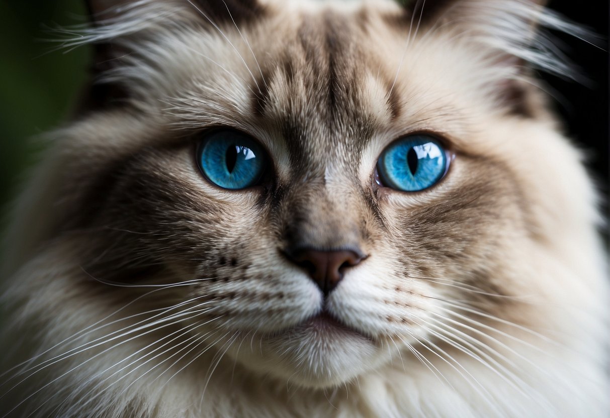 A male ragdoll cat grows to be around 15-20 pounds, with a long, fluffy coat and striking blue eyes