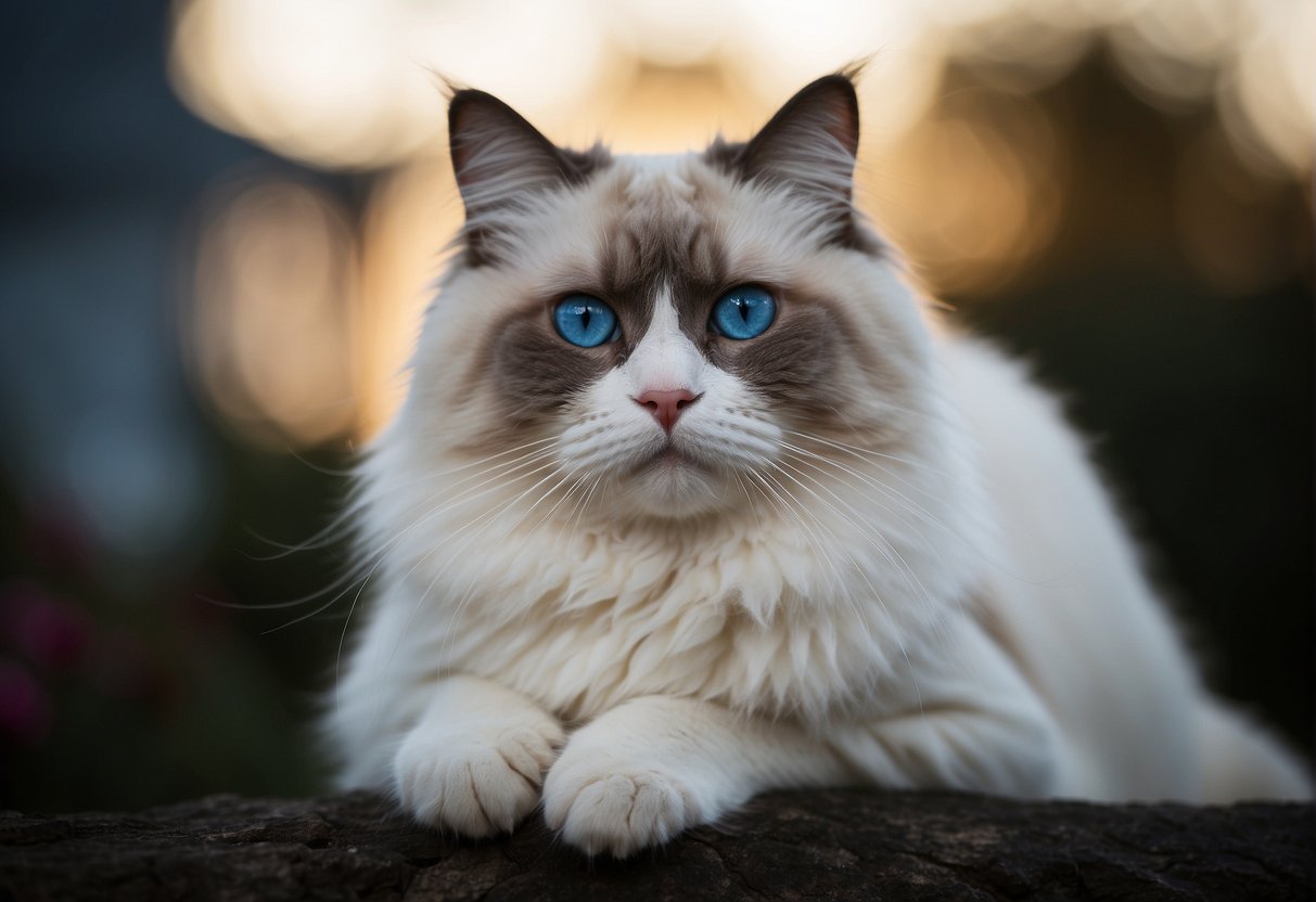 A male ragdoll cat, with a large, muscular build and a broad, rounded head, stands tall with a thick, luxurious coat of fur, showcasing its striking blue eyes and distinctive colorpoint markings