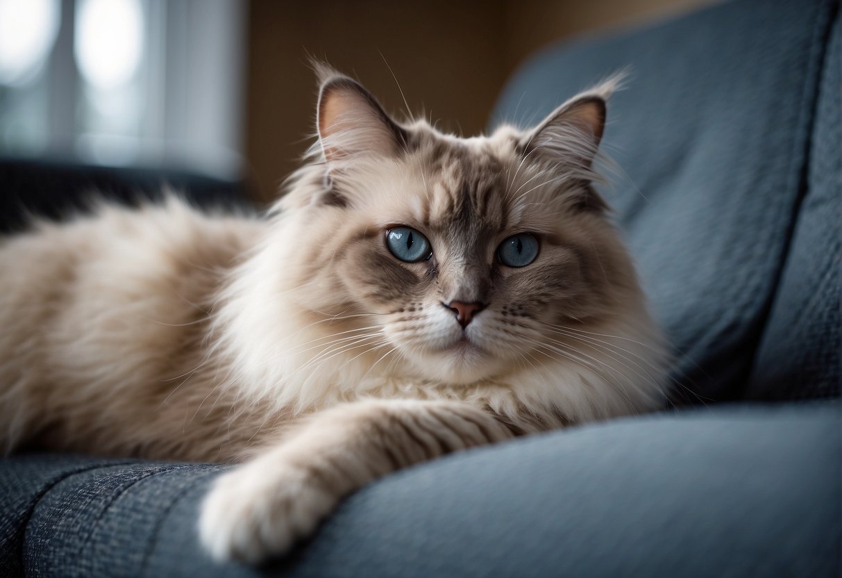 A male Ragdoll cat lounges on a soft cushion, with its large, fluffy body sprawled out in relaxation