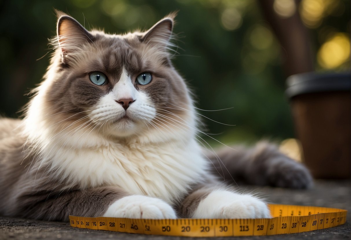 A large male ragdoll cat sitting next to a measuring tape, showing its impressive size