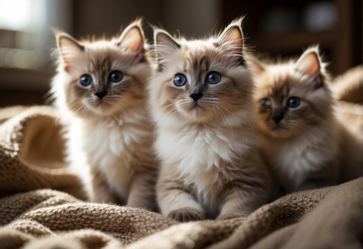 Three ragdoll kittens playing in a cozy, sunlit room with fluffy toys and a soft blanket