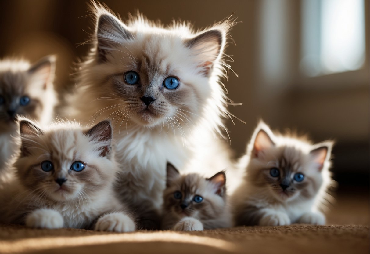 A litter of ragdoll kittens playing in a cozy, sunlit room with fluffy fur, striking blue eyes, and gentle, affectionate personalities