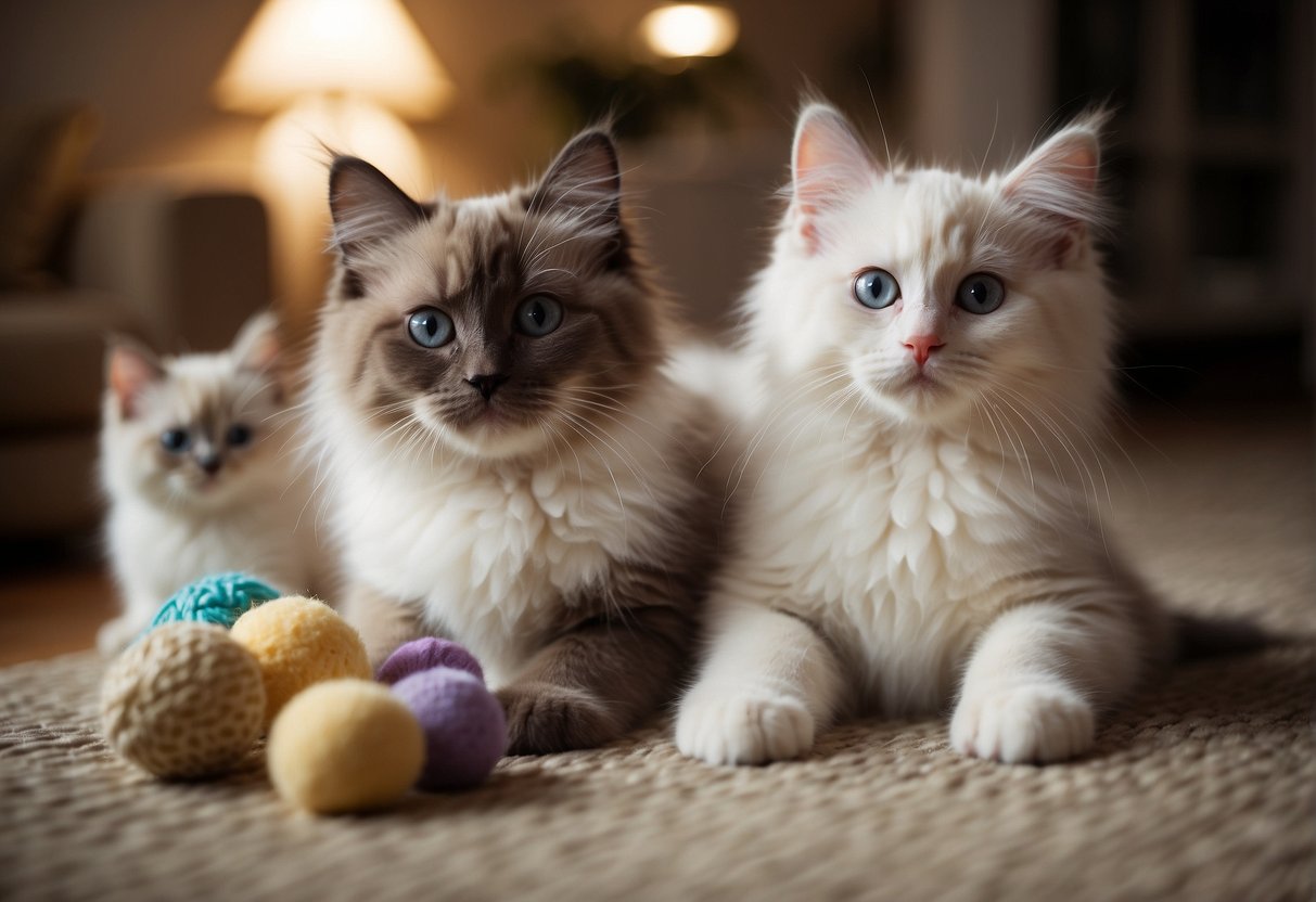 A group of playful ragdoll kittens, varying in colors and patterns, roam around a cozy living room filled with cat toys and scratching posts