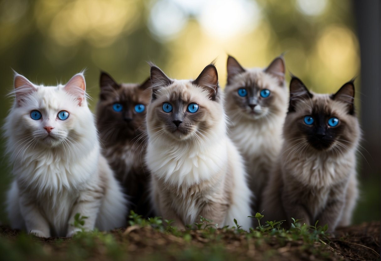 A group of ragdoll cats with various fur colors and patterns, all with bright blue eyes, sit or stand in a circle, looking curiously at the viewer