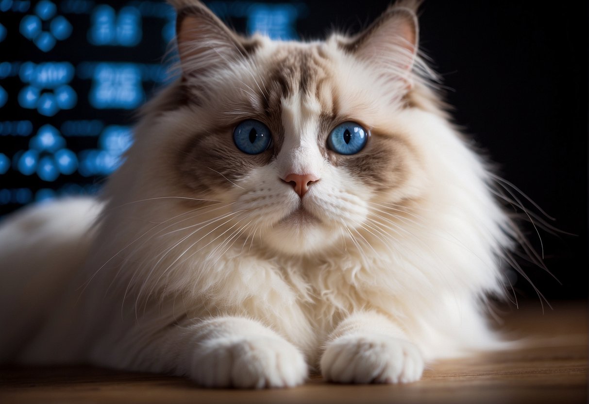 A fluffy Ragdoll cat with blue eyes sits beside a genetic chart showing eye color variations