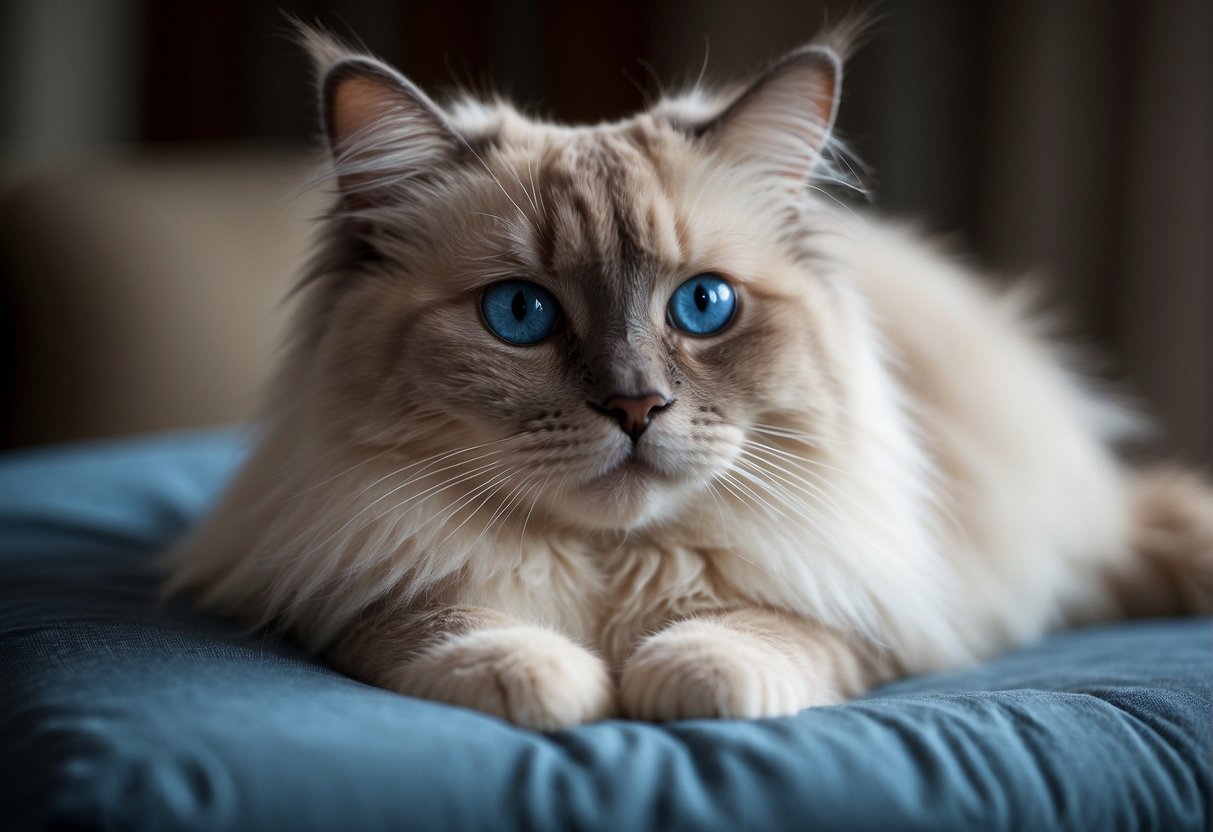 A fluffy Ragdoll cat with striking blue eyes lounges gracefully on a plush cushion, showcasing its characteristic breed traits