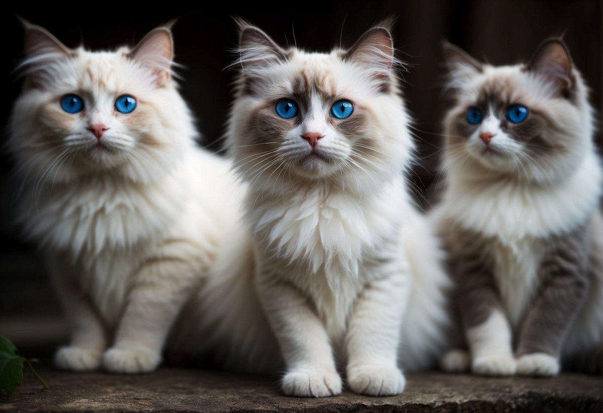A group of ragdoll cats with various fur colors and patterns, all with striking blue eyes, are gathered together
