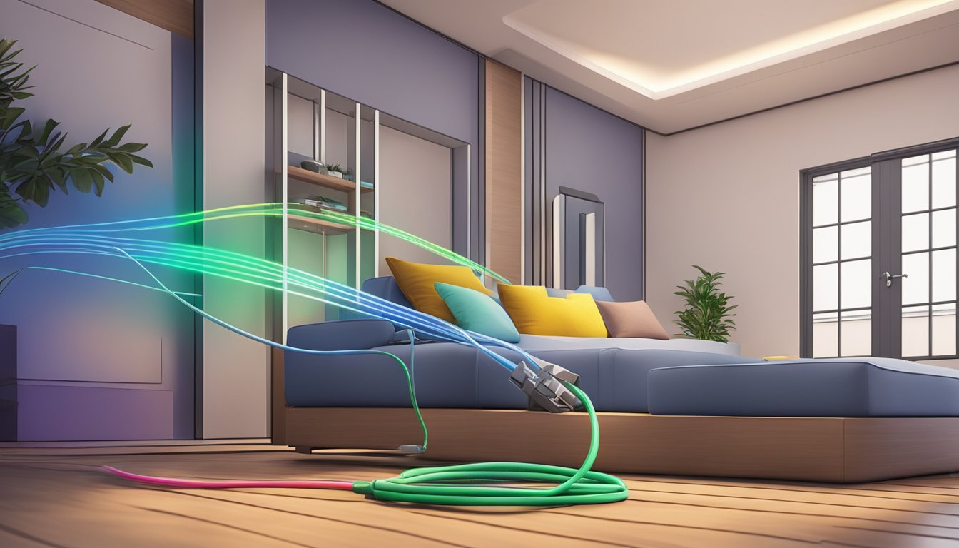 A colorful fiber optic cable connecting to a modem in a modern Singaporean home