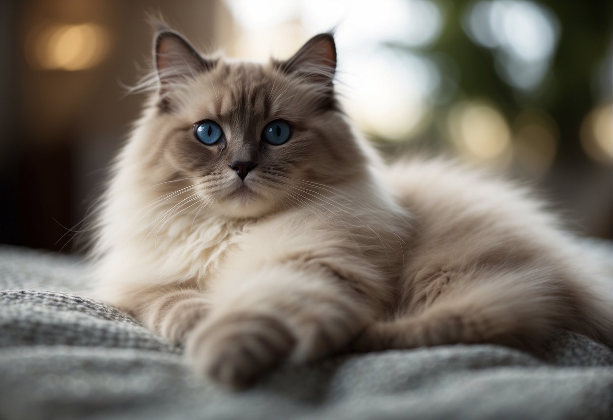 A fluffy ragdoll kitten with blue eyes lounges on a soft blanket, its long fur flowing and its gentle expression exuding a sense of calm and contentment