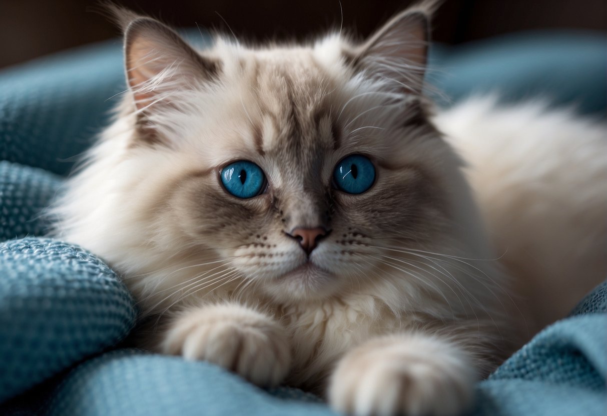 A fluffy ragdoll kitten with blue eyes, long fur, and a pointed face, lounging on a soft blanket