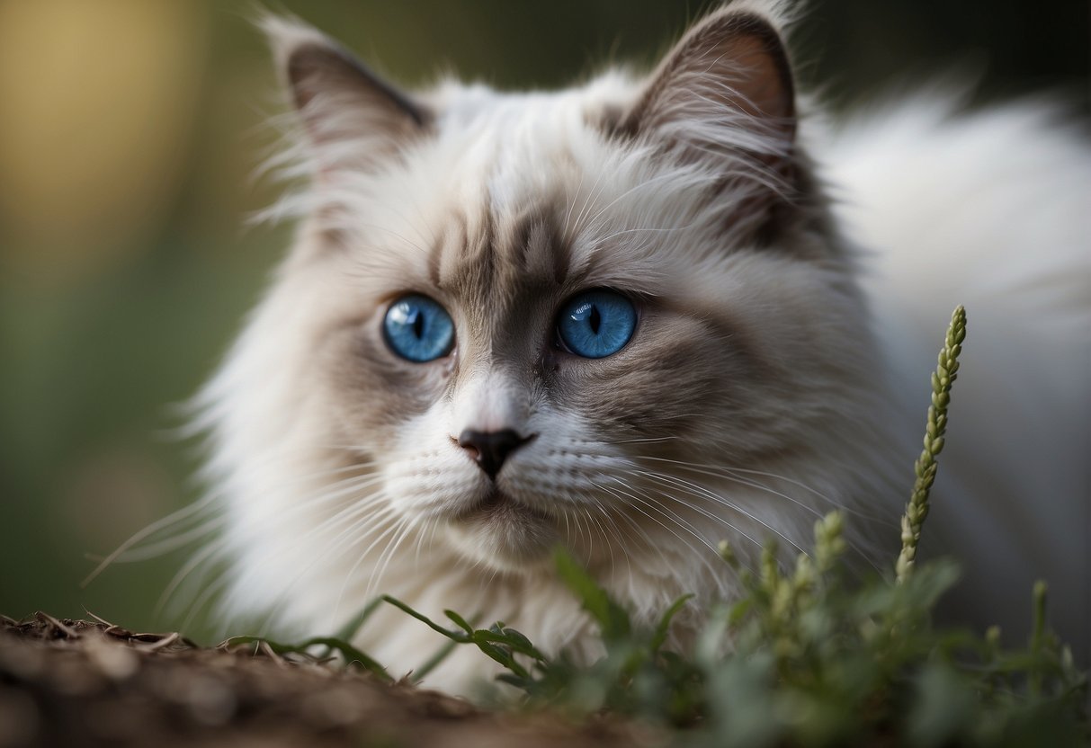 A playful ragdoll kitten with blue eyes and fluffy fur, displaying a calm and gentle temperament while interacting with its surroundings