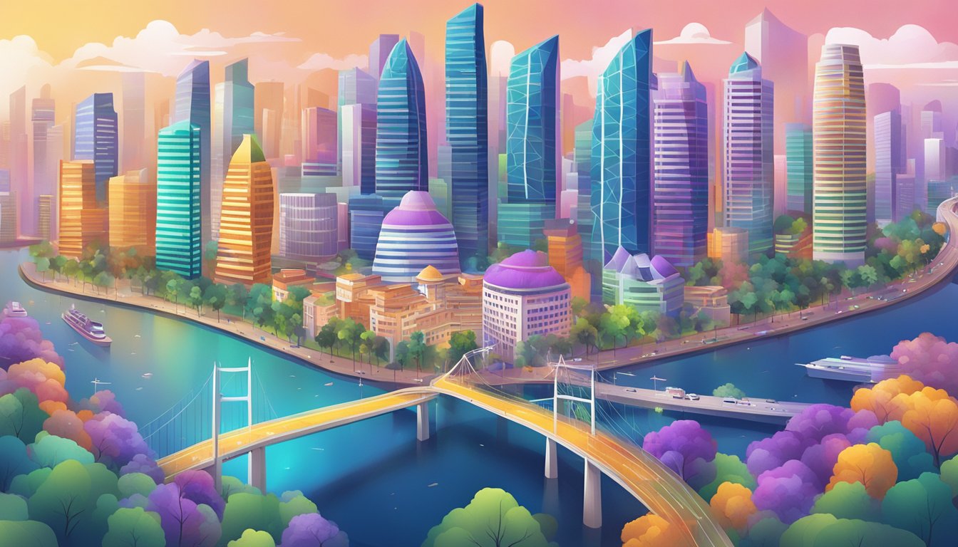 A colorful cityscape with high-rise buildings and fiber optic cables connecting them, showcasing the top broadband providers in Singapore