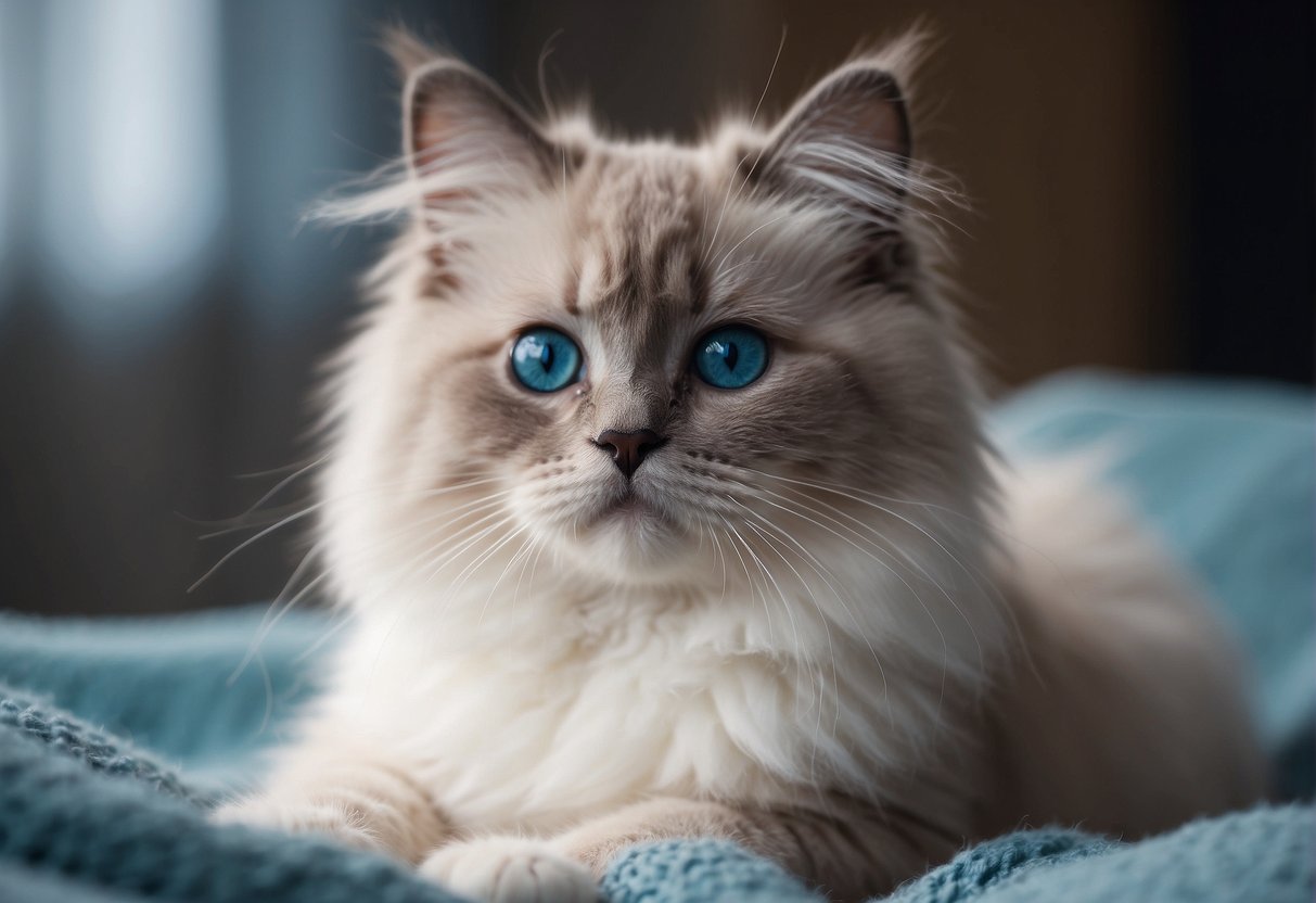 A fluffy ragdoll kitten with blue eyes sits on a soft blanket, looking up curiously. Its fur is a mix of white, cream, and gray, with a long, bushy tail