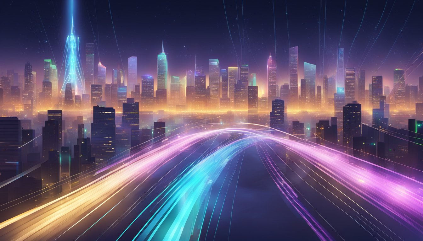A fiber optic cable stretches across the city skyline, with symbols of speed and connectivity floating around it. Bright lights and a sense of modernity fill the background