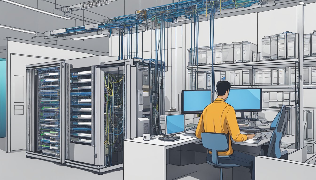 A technician installs fiber internet equipment in a sleek, modern office space in Singapore. Cables are neatly organized and connected to the main network hub