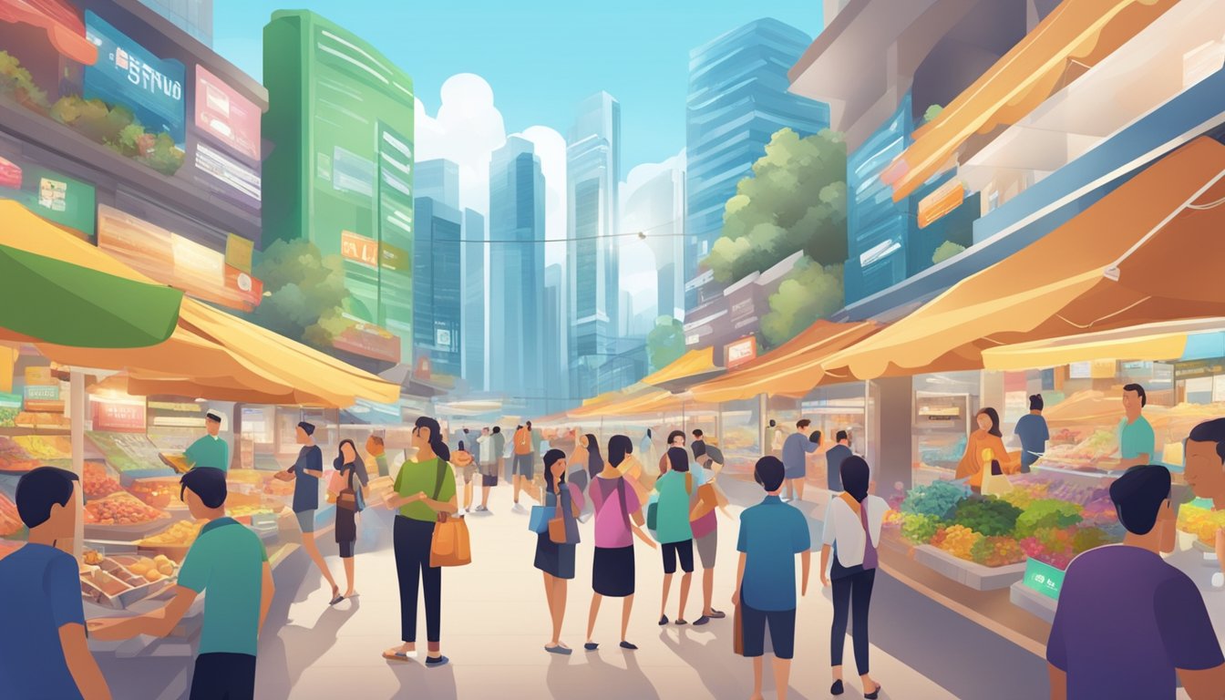 A crowded marketplace with bright banners advertising promotions and deals for the best fiber internet provider in Singapore. Customers eagerly compare offers