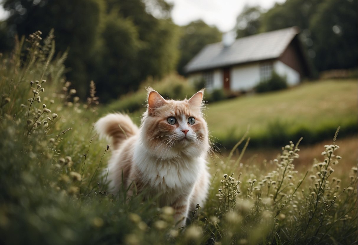 A serene countryside with a cozy cottage, rolling hills, and a gentle stream where ragdoll cats roam freely