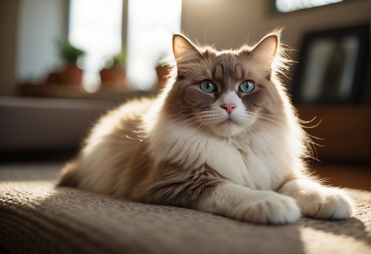 A serene, domestic setting with a fluffy Ragdoll cat lounging in a cozy, sunlit room. A gentle, calm expression on the cat's face, showcasing its docile nature