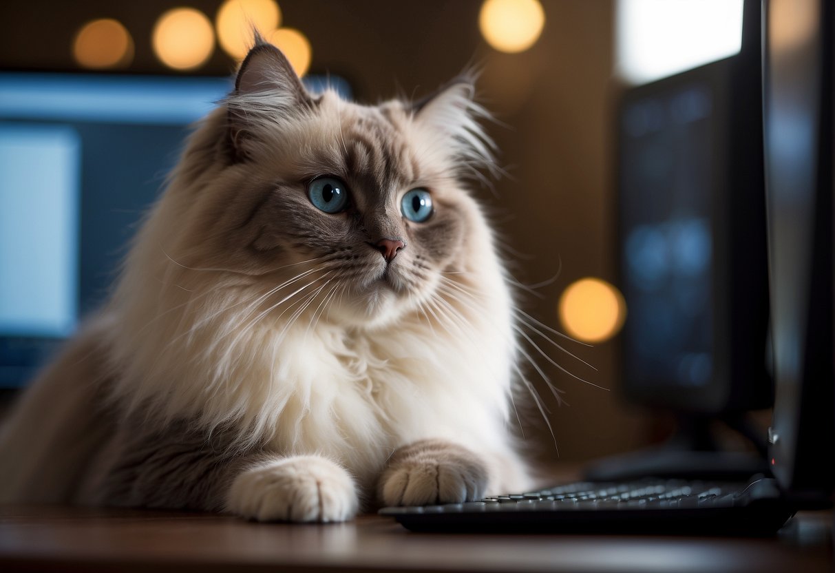 A fluffy ragdoll cat sits in front of a computer screen displaying the words "Frequently Asked Questions: Where do ragdoll cats come from?"