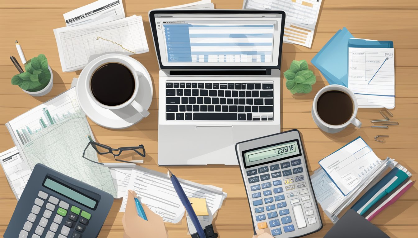 A desk with a laptop, calculator, and various financial documents. A cup of coffee and a pen sit next to a notebook labeled "Financial Accounts."