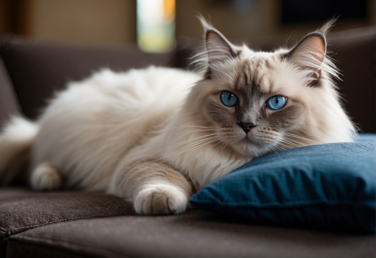 A ragdoll cat with long, silky fur, blue eyes, and a pointed face, lounges on a plush cushion, its relaxed body draped over the edge