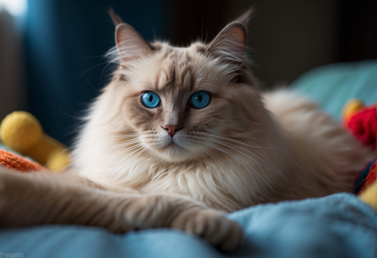 A ragdoll cat with long, silky fur and striking blue eyes lounges in a cozy bed, surrounded by toys and grooming supplies