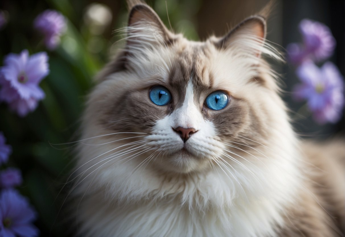 A fluffy ragdoll cat with blue eyes sits gracefully, its long fur flowing and white paws dangling, against a backdrop of soft pastel colors