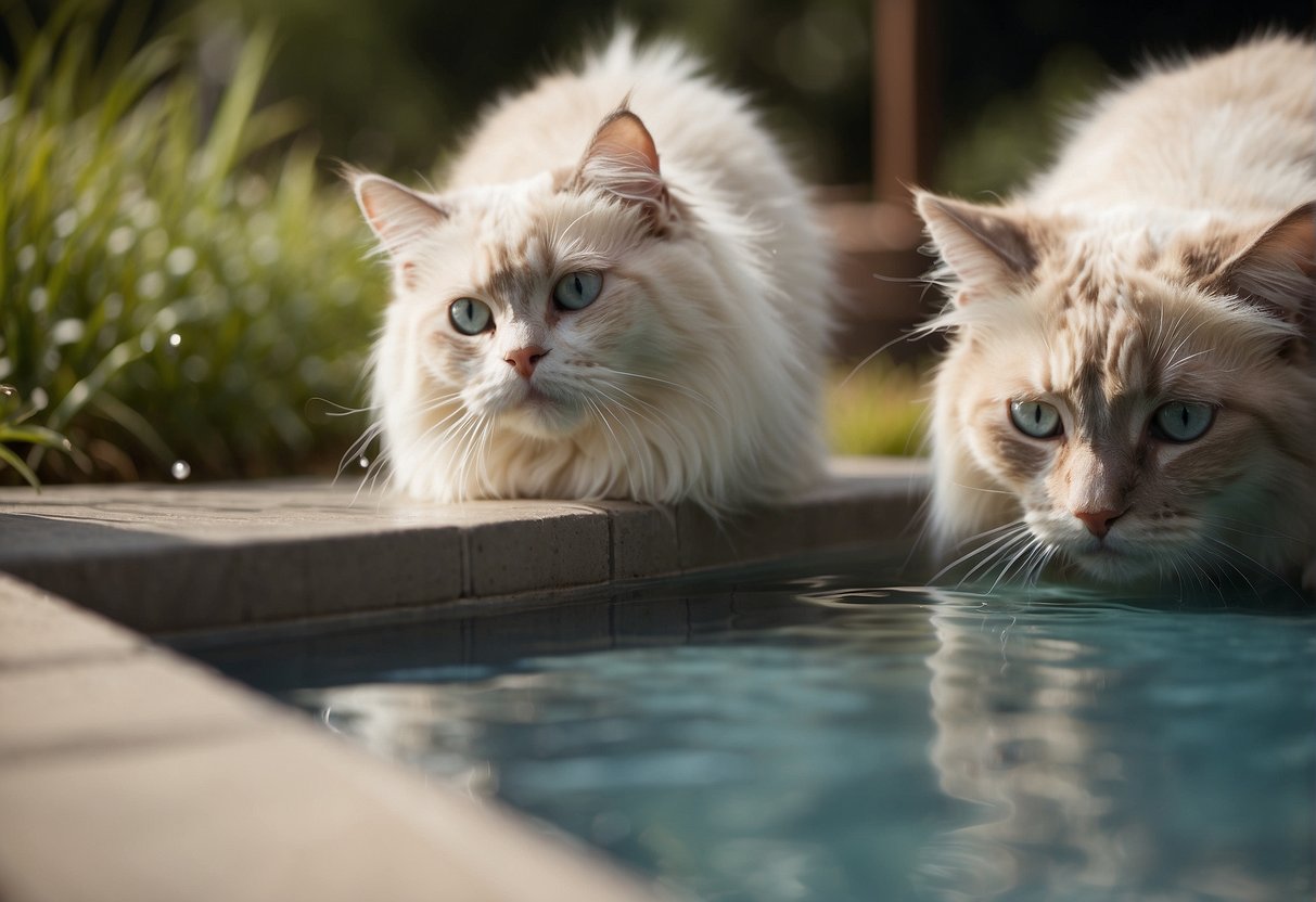 Two ragdoll cats cautiously approach a shallow pool of water, their curiosity piqued. One leans in to sniff the surface while the other watches from a safe distance