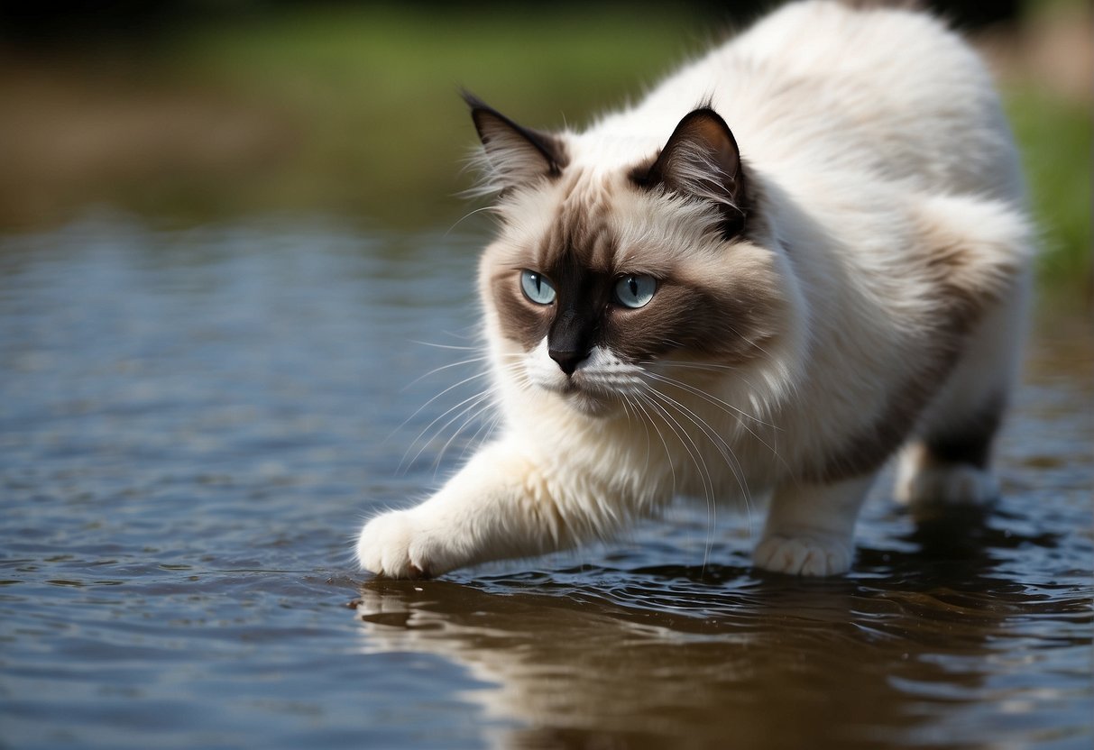 A Ragdoll cat cautiously approaches a shallow pool of water, sniffing and pawing at the surface with curiosity