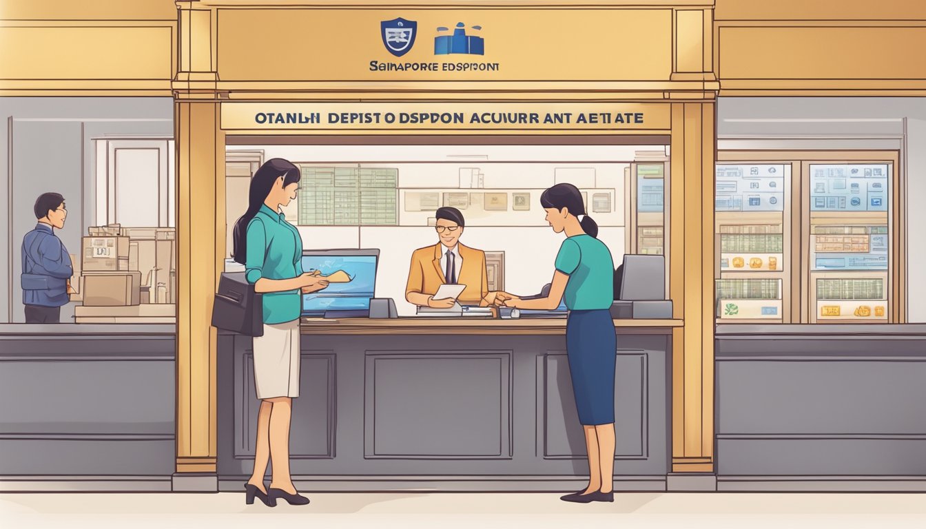 A bank teller assists a customer with opening a fixed deposit account, while a sign prominently displays the best fixed deposit rates in Singapore