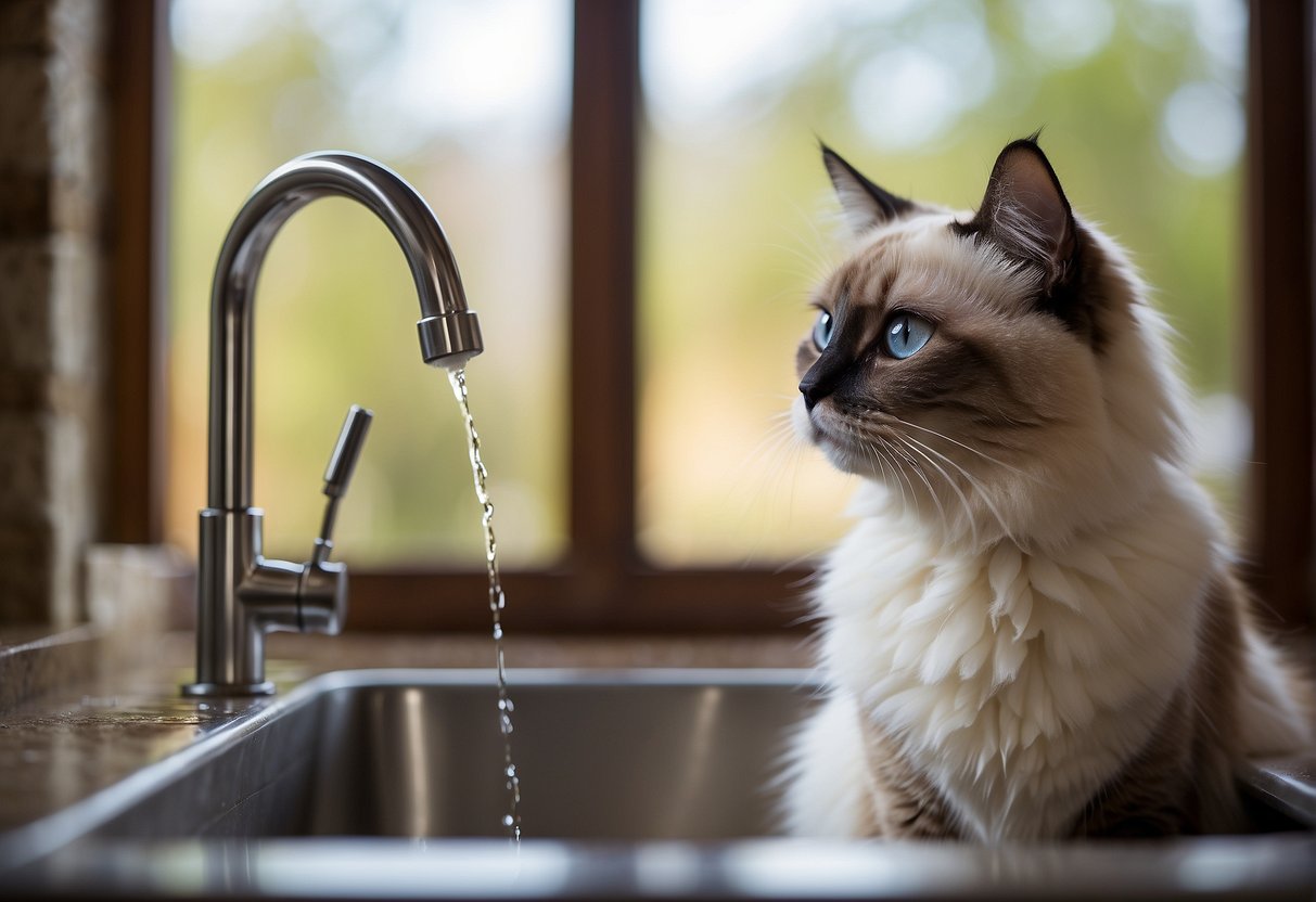 A ragdoll cat curiously approaches a dripping faucet, its eyes wide with interest as water droplets fall into the sink below